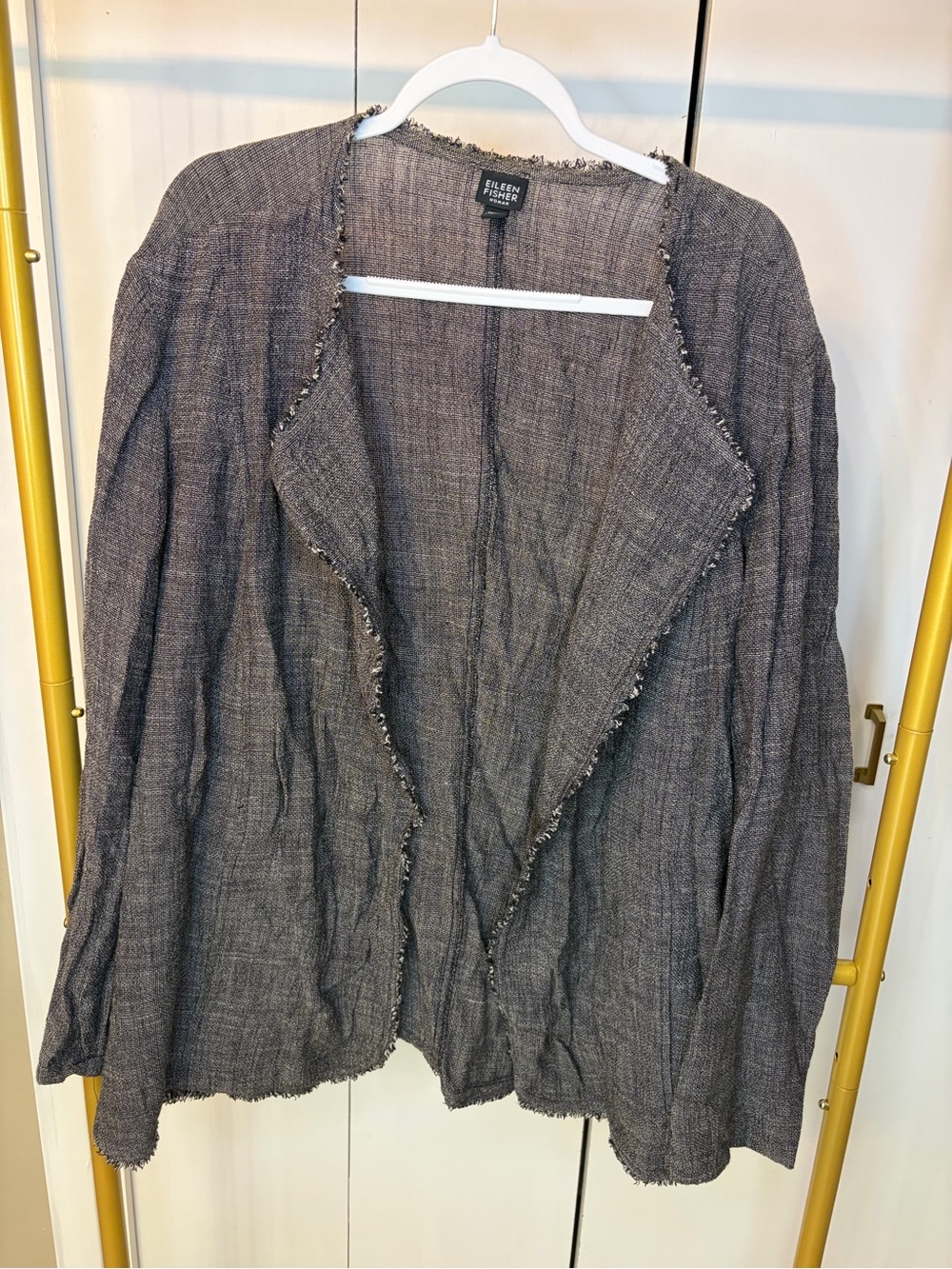 Eileen Fisher Charcoal Gray Open-Front Frayed-Trim Cardigan